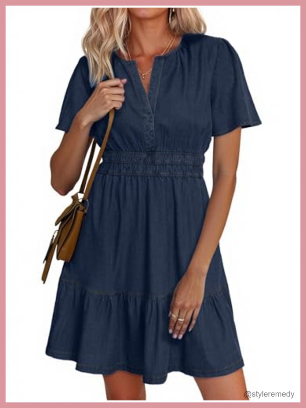 Denim Mini Dress Short Puff Sleeve Tiered A-Line Casual